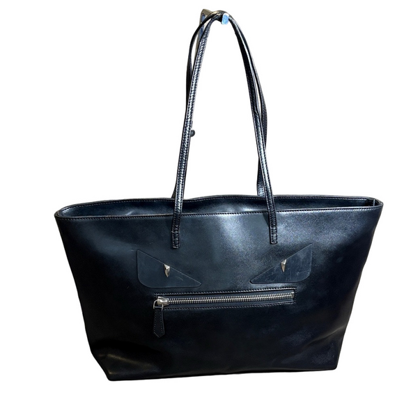 Fendi Handbags - FENDI Monster Medium Black Leather Tote Bag Eyes Zip Pocket Authentic